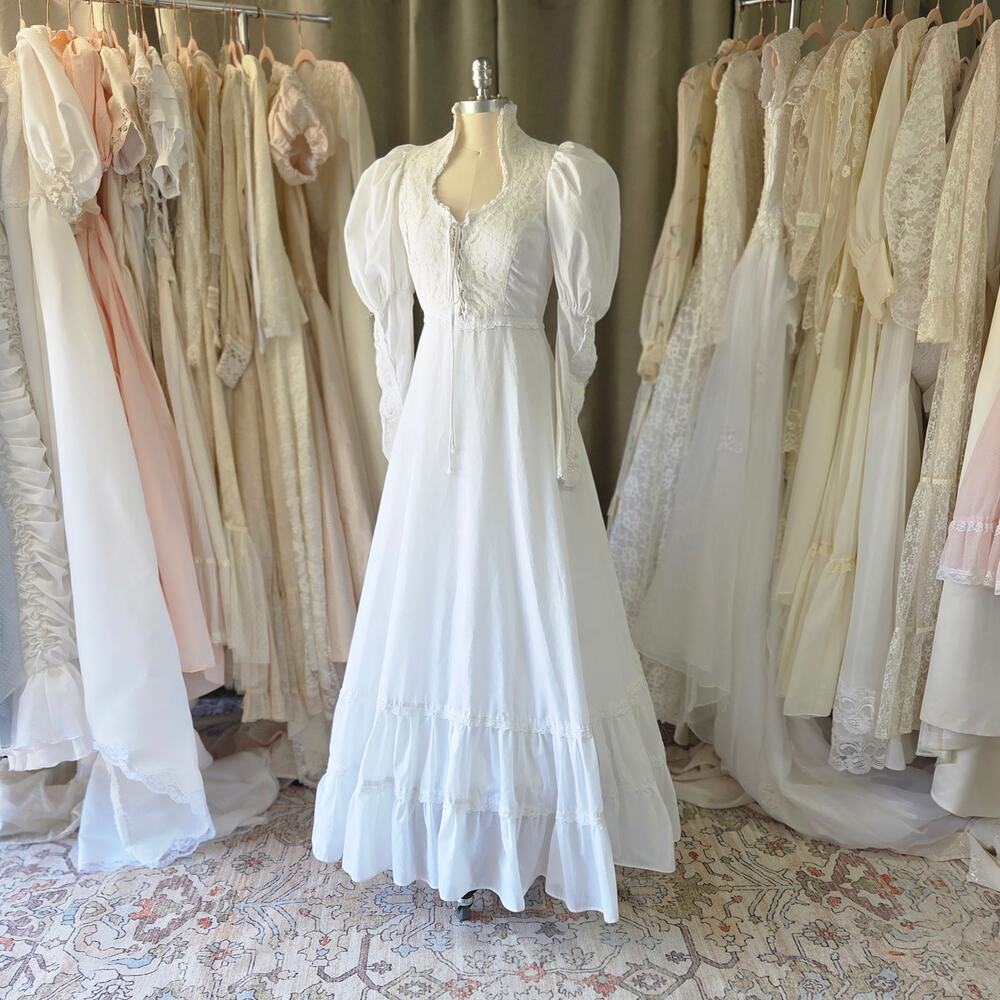 Gunne Sax White Corset Dress Size 11 M Vintage 70s Wedding Gown Prairie Maxi